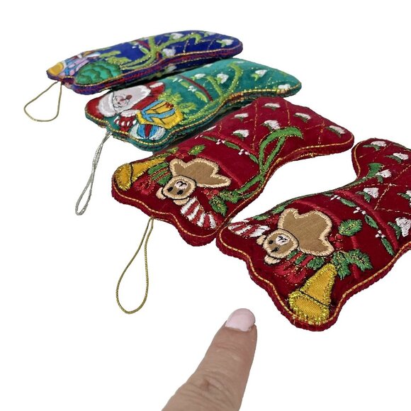 Stuffed Tapestry Stocking Christmas Tree Ornaments 4 Embroidered Folk Art 4.75" - Picture 5 of 5